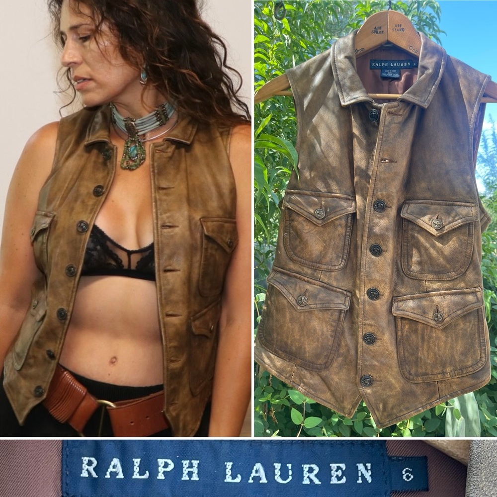 * SOLD * RARE Vintage • RALPH LAUREN • Distressed Leather Vest Jacket Tan 6 RRL